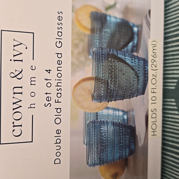 CROWN & IVY HOME BRAND SET OF 4 BLUE DOUBLE OLD FASHIONED 10 OZ DRINKING GLASSES - Picture 6 of 8